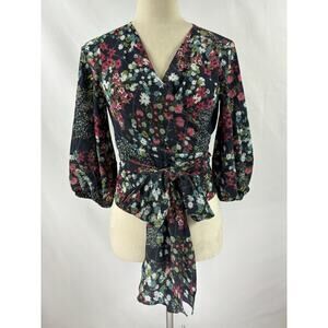 Amanda Uprichard Wrap Top Navy Blue Dark Floral Small Puff Sleeves Cropped